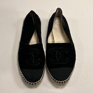 Chanel Interlocking CC Logo Velvet Espadrilles Black